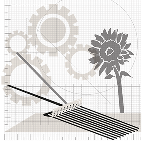 Rake. Sunflower. Gearwheel. Black and white three-dimensional picture.