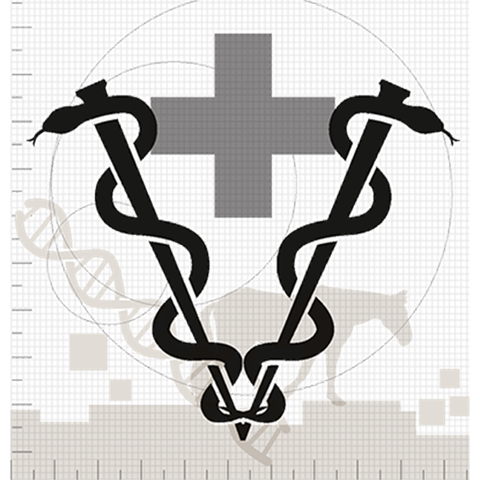 Symbol för veterinär: två ormar omslingrar stavar. Kors. Skrittande häst. Svartvit tredimensionell bild.