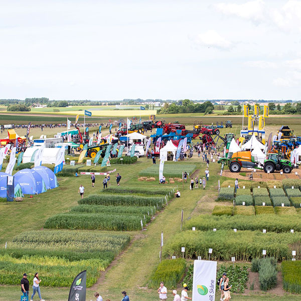 Vy över fälten med tält, flaggor, människor, maskiner och fältförsök