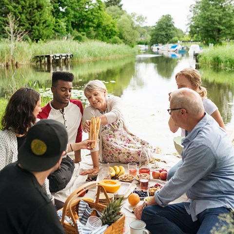 Ett sällskap med gamla och unga personer har picknick vid en å. Foto.