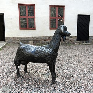 En getstaty i form av en get står på en grusad innergård. Foto.