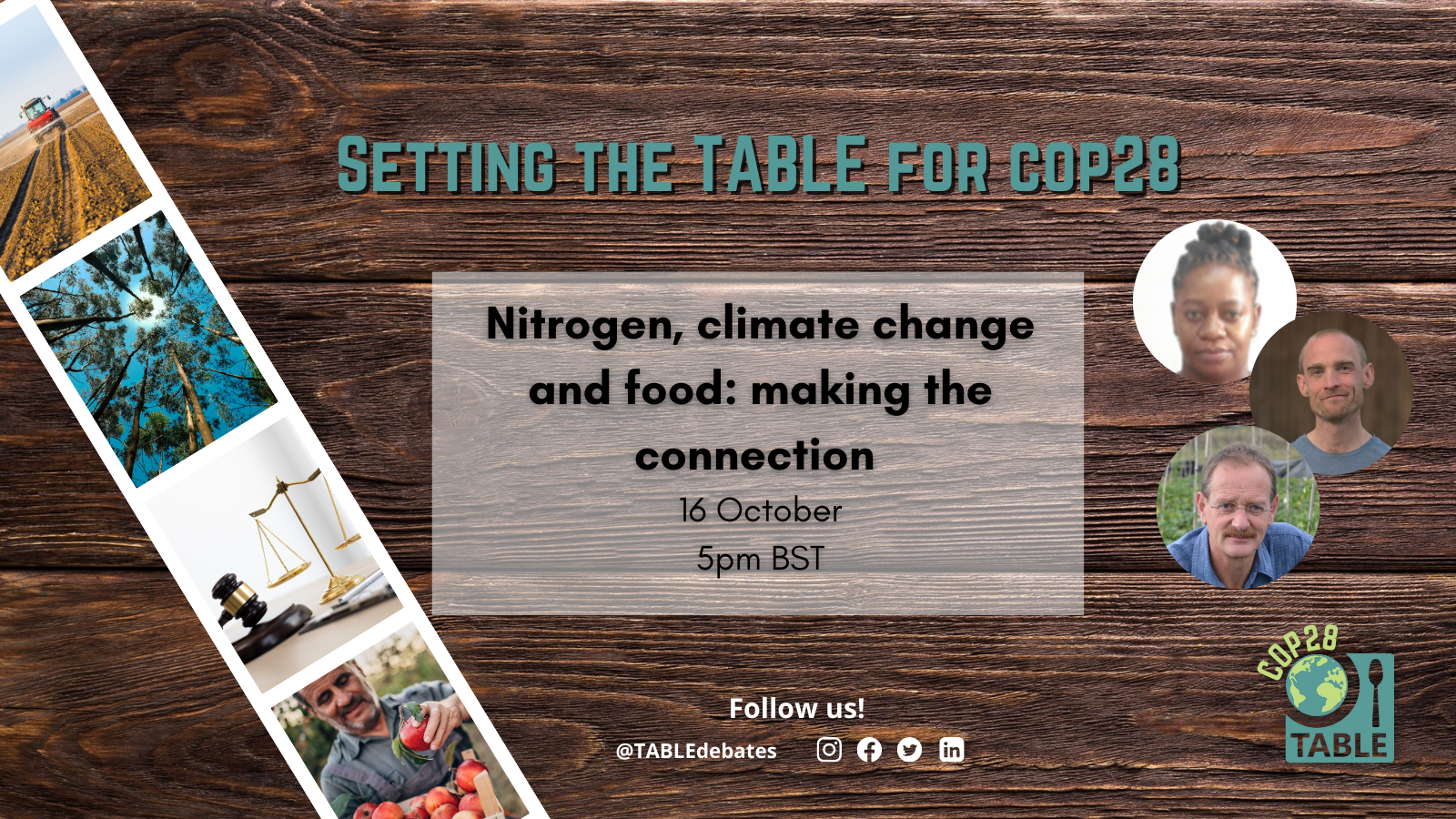 TABLE COP28 series nitrogen flyer shows text with the information on the event and the picture of the three presenters