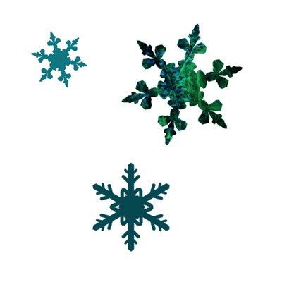 Three snow stars in different shades of green on a white background. Illustration.