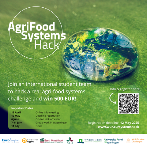 En affisch för "AgriFood Systems Hack", en internationell studenttävling där deltagare löser utmaningar inom agro-livsmedelssystem och kan vinna 500 EUR. Bakgrunden visar en vattendroppe med en spegling av jordklotet på en grön yta. Viktiga datum listas, inklusive informationsmöte den 15 april, registreringsdeadline den 12 maj och final den 11 juli. Det finns en QR-kod för mer information och registrering via www.wur.eu/systemshack. Evenemanget stöds av flera europeiska universitet och organisationer.