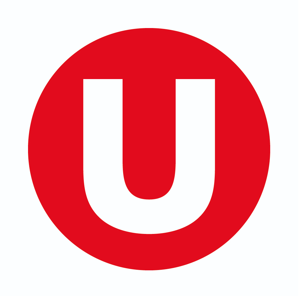 A red circle with a white "u" and a white background.