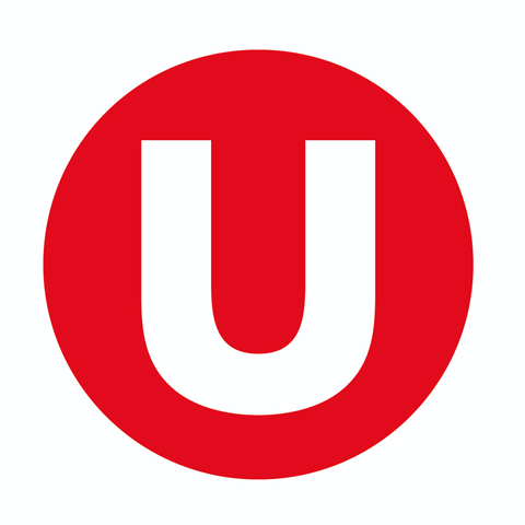 A red circle with a white "u" and a white background.