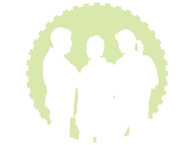 Silhouette of group of three people against light green background. Illustration.