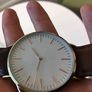 Armbandsklocka i öppen hand med lampsken bakom. Foto.