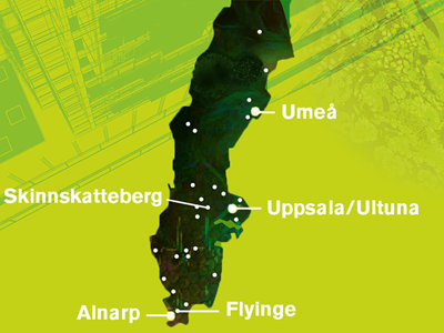 Sverigekarta med SLU:s campus utmärkta
