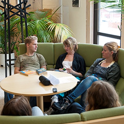 Students sitting in a couch, photo.