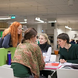 A group of students stydy in the library, photo.