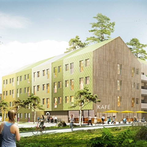 Modern student housing in Umeå, illustration.