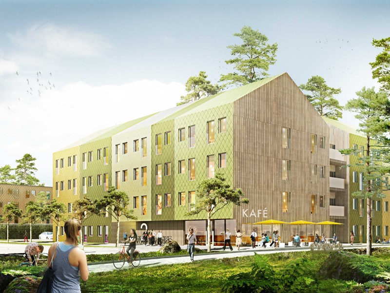 Modern student housing in Umeå, illustration.