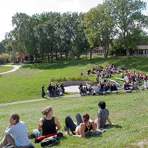 Students sitting outdoors on campus Ultuna, photo.